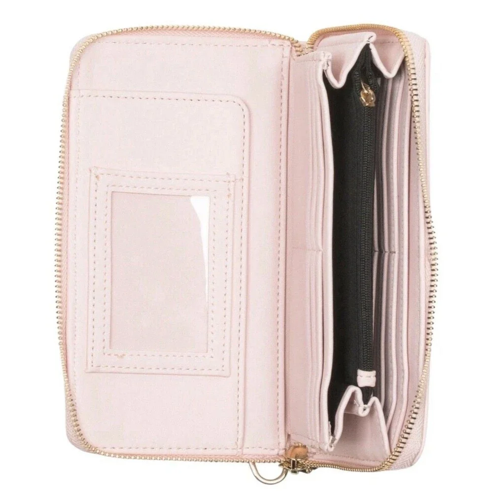 Betsey Johnson Pink Blush Zip Around Wallet Wristlet Embroidered Hearts NWT